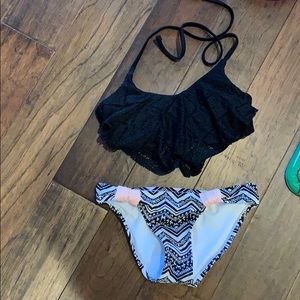 Black multi print bikini with fringe top